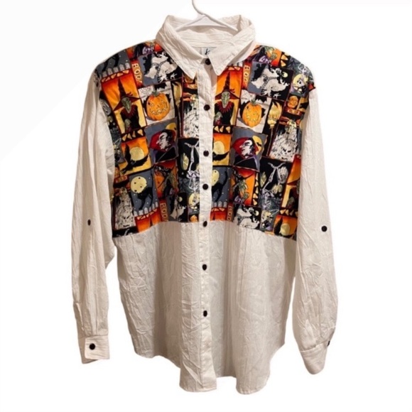 Tops - Vintage Halloween Lightweight Blouse Skeleton Witch Cat Dracula Size 16